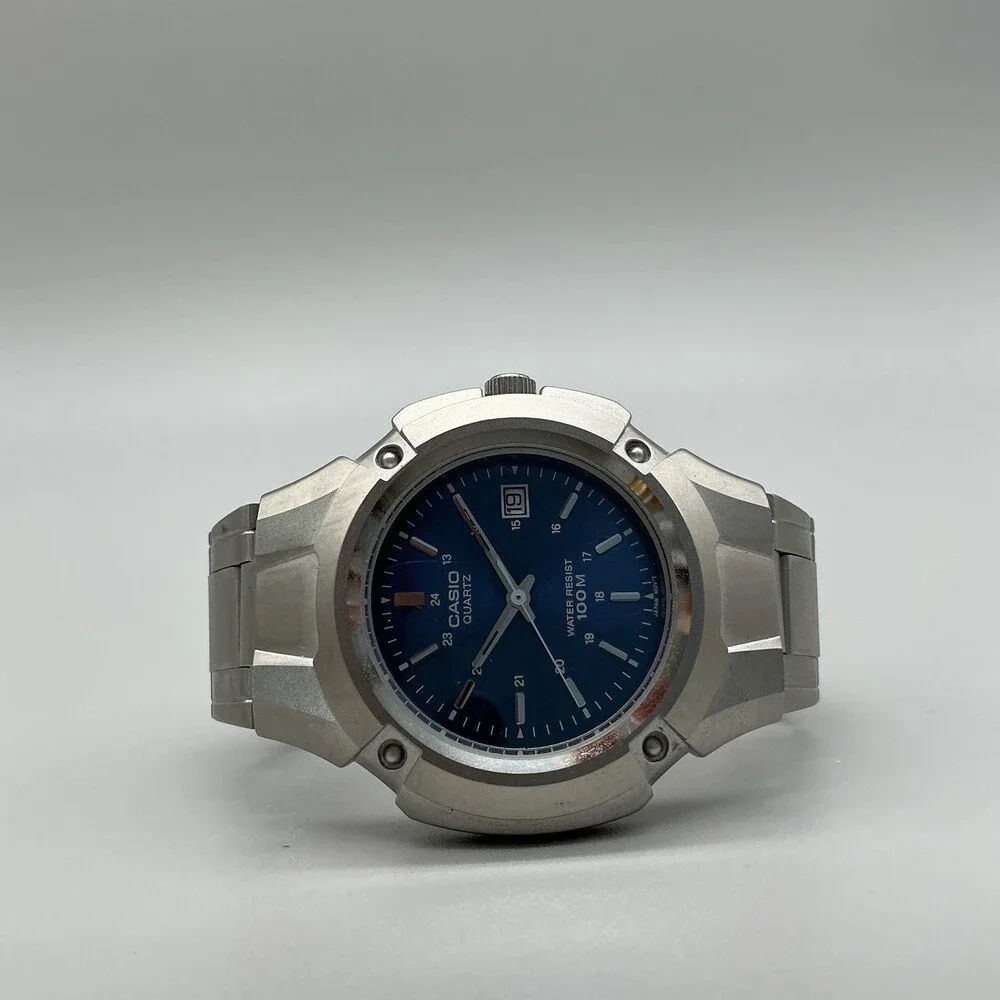 Casio MTP-3036 Mens Watch 42mm Silver Tone Blue Dial 100M Date New Battery 5.75